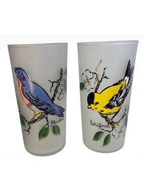 Vintage Frosted Glasses Bluebird & Goldfinch Birds Hand Painted Set Of 2 Nature